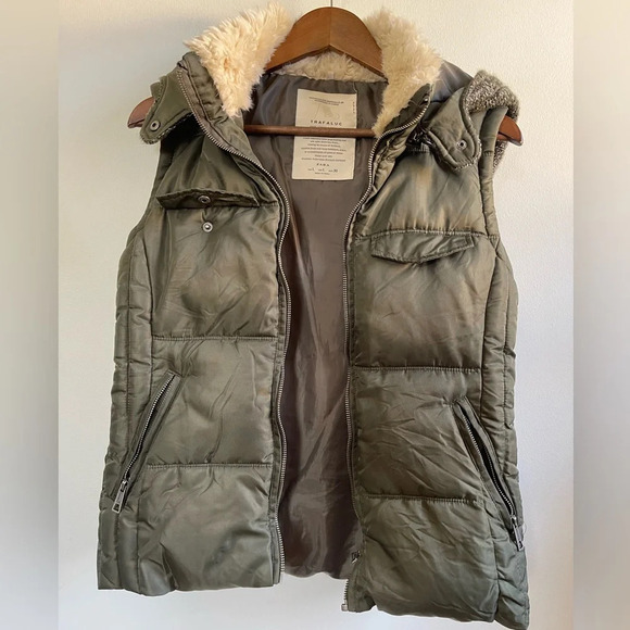Zara Puffer Vest Removable Hood, Olive Green and Brown, Women's Large - Picture 2 of 11